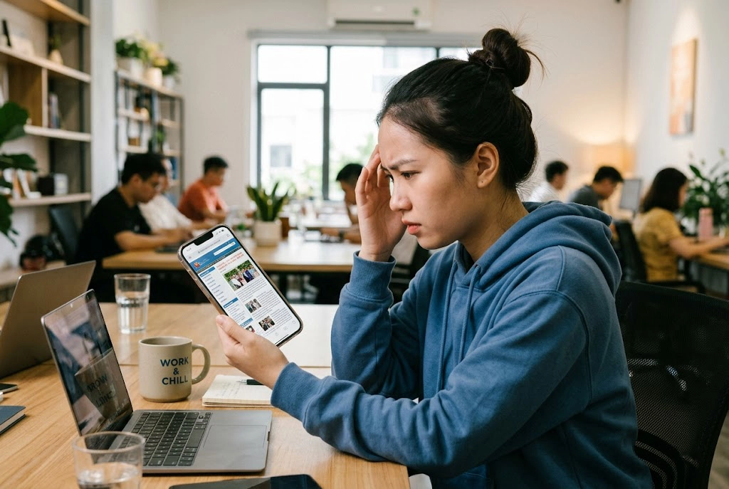 Hình ảnh minh họa một giao diện website lỗi thời, không được tối ưu hóa cho thiết bị di động, gây khó khăn cho người dùng khi thao tác và tra cứu thông tin trên điện thoại.