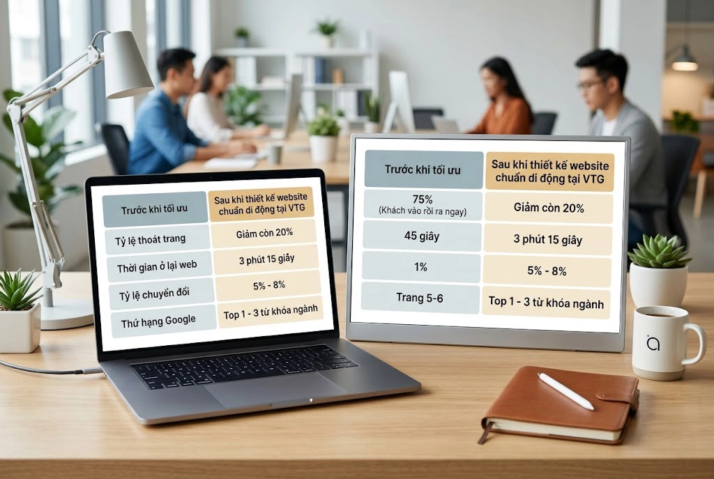 Bảng so sánh sự đột phá về các chỉ số vận hành (tỷ lệ thoát, thời gian ở lại, tỷ lệ chuyển đổi) trước và sau khi tối ưu thiết kế website chuẩn di động tại VTG.