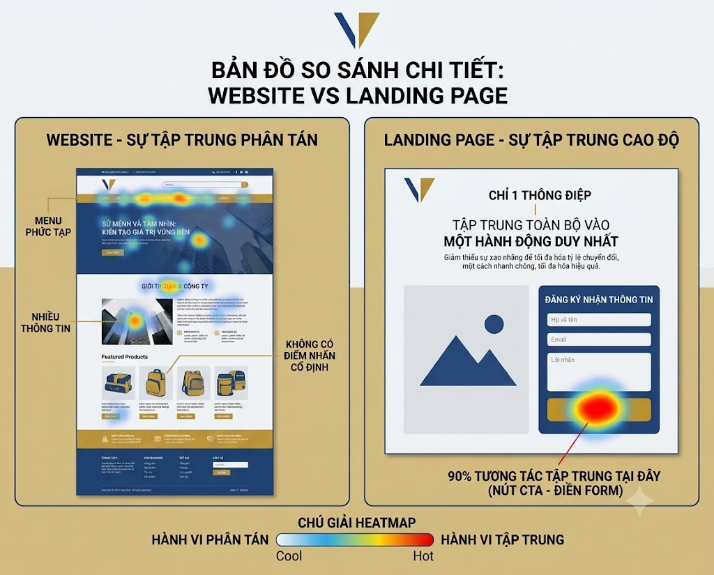 Bản đồ nhiệt so sánh sự tập trung của người dùng trên Website và Landing Page.