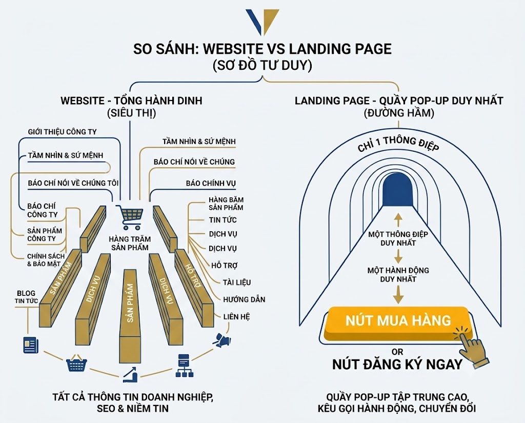 Sự khác biệt cốt lõi: Website giúp xây dựng niềm tin và cung cấp thông tin toàn diện, trong khi Landing Page tập trung tối đa vào việc tạo ra chuyển đổi.