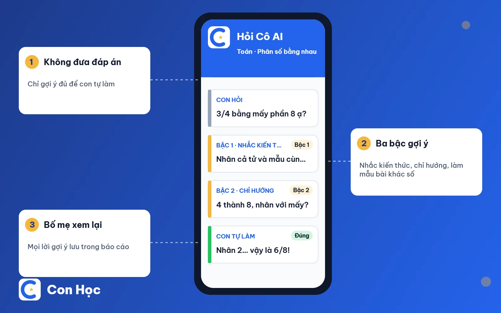 Ứng dụng AI học tập cho trẻ: Cô AI gợi ý ba bậc trong Con Học